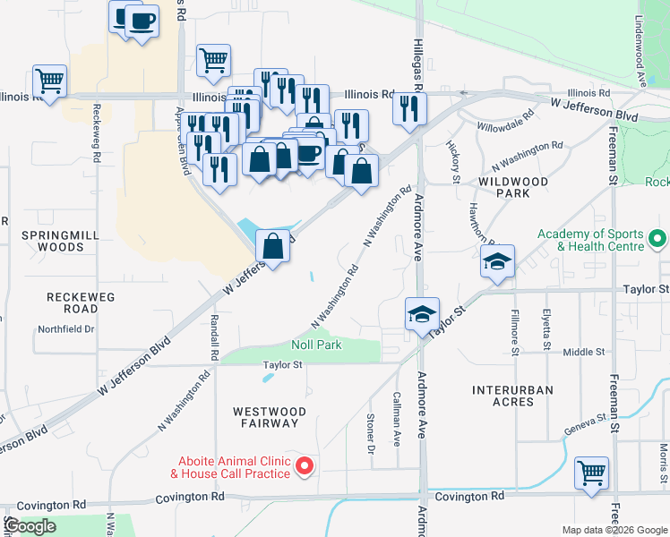 map of restaurants, bars, coffee shops, grocery stores, and more near 1707 Lough Nest Court in Fort Wayne