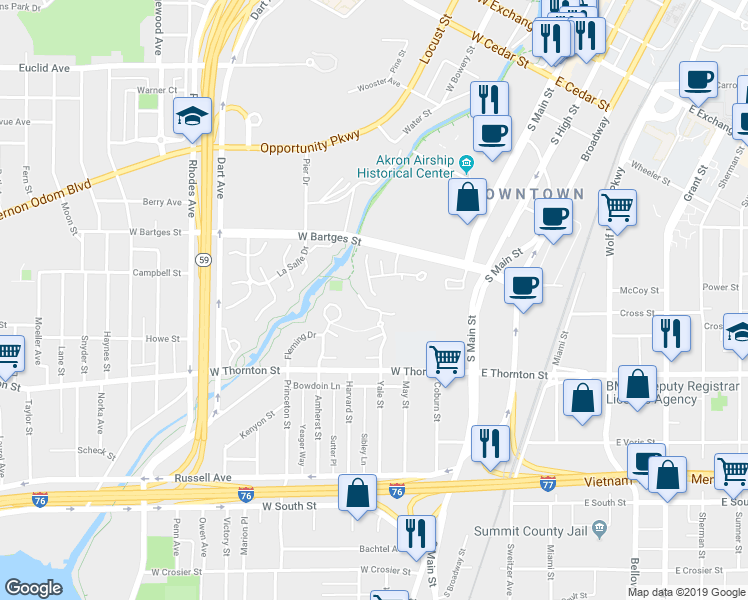 map of restaurants, bars, coffee shops, grocery stores, and more near 806 Cascade Mills Drive in Akron