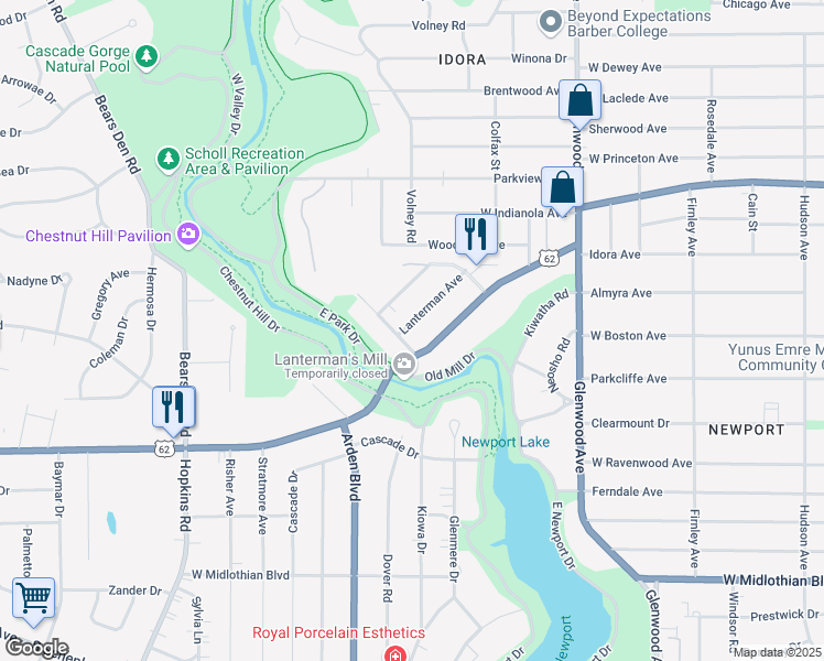 map of restaurants, bars, coffee shops, grocery stores, and more near 959 Lanterman Avenue in Youngstown