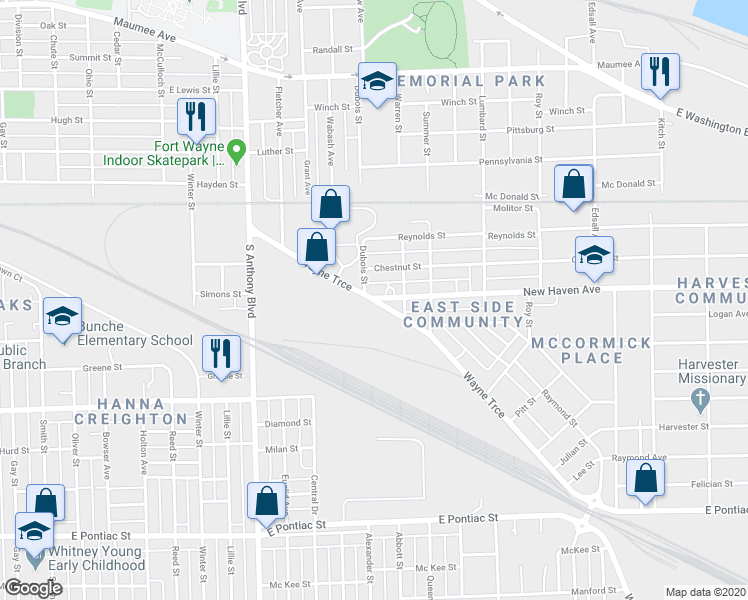 map of restaurants, bars, coffee shops, grocery stores, and more near 2219 New Haven Avenue in Fort Wayne