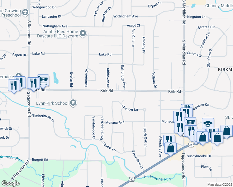 map of restaurants, bars, coffee shops, grocery stores, and more near 3975 Kirk Road in Youngstown
