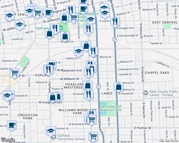 map of restaurants, bars, coffee shops, grocery stores, and more near 101 East Masterson Avenue in Fort Wayne