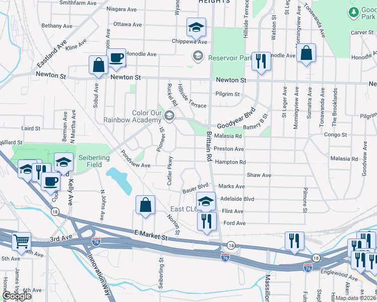 map of restaurants, bars, coffee shops, grocery stores, and more near 1500 Preston Avenue in Akron