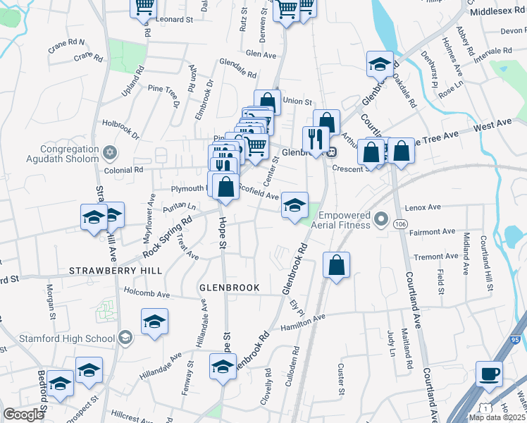 map of restaurants, bars, coffee shops, grocery stores, and more near 90 Center Street in Stamford