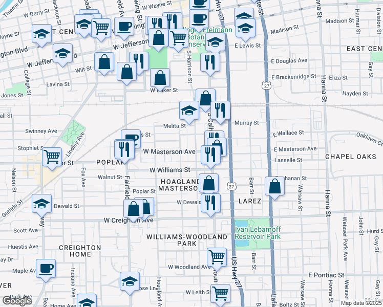 map of restaurants, bars, coffee shops, grocery stores, and more near 200-298 West Masterson Avenue in Fort Wayne