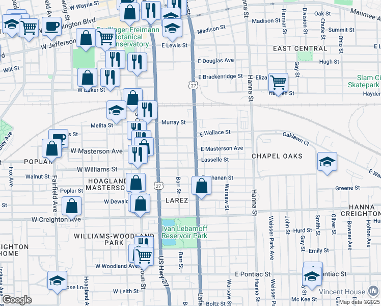 map of restaurants, bars, coffee shops, grocery stores, and more near 334 East Masterson Avenue in Fort Wayne