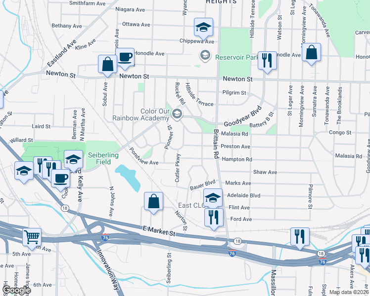 map of restaurants, bars, coffee shops, grocery stores, and more near 1474 Preston Avenue in Akron