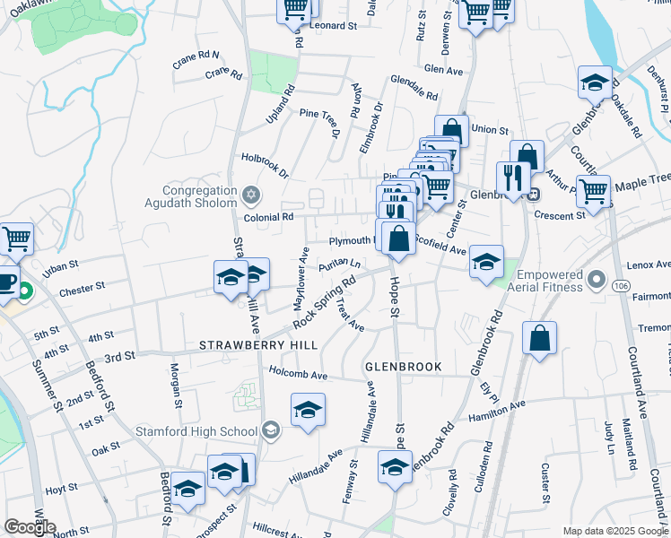 map of restaurants, bars, coffee shops, grocery stores, and more near 55 Puritan Lane in Stamford