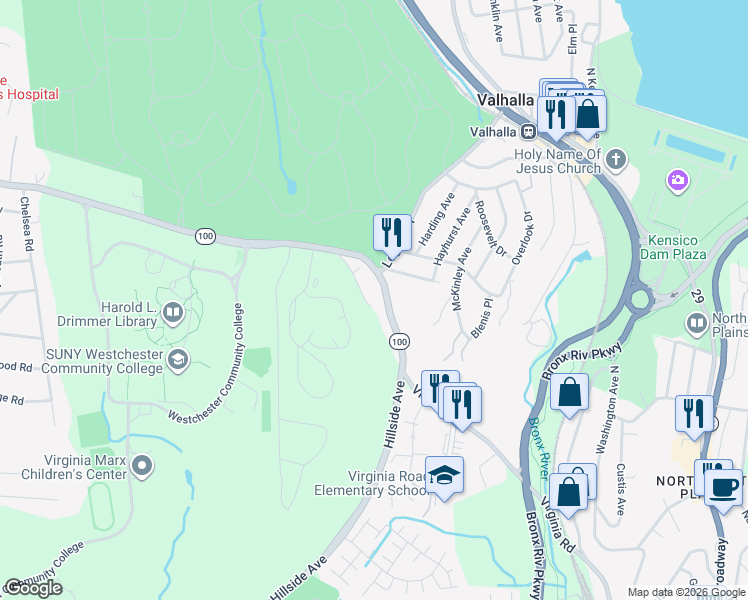 map of restaurants, bars, coffee shops, grocery stores, and more near 12 Stephens Lane in Valhalla