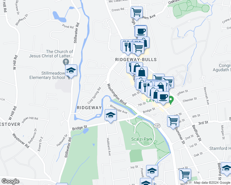 map of restaurants, bars, coffee shops, grocery stores, and more near 69 Forest Lawn Avenue in Stamford