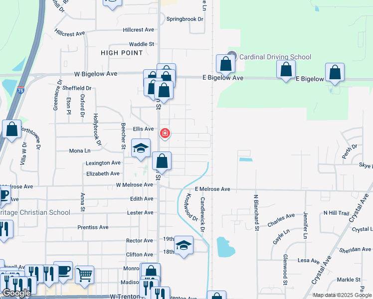 map of restaurants, bars, coffee shops, grocery stores, and more near 1 France Street in Findlay