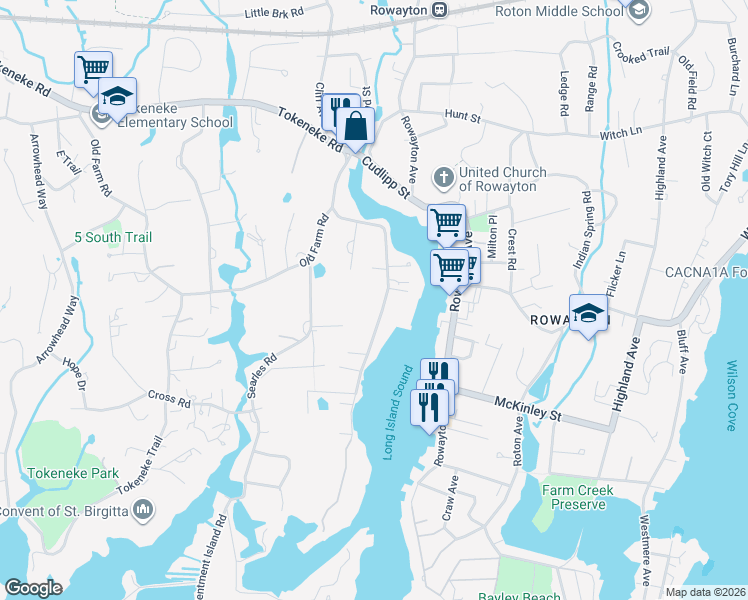 map of restaurants, bars, coffee shops, grocery stores, and more near 86 5 Mile River Road in Darien