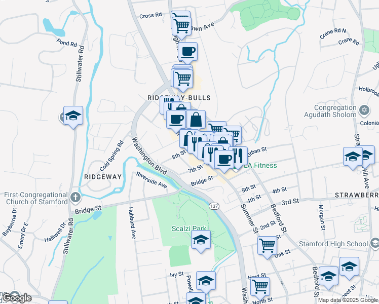 map of restaurants, bars, coffee shops, grocery stores, and more near 2530 Summer Street in Stamford