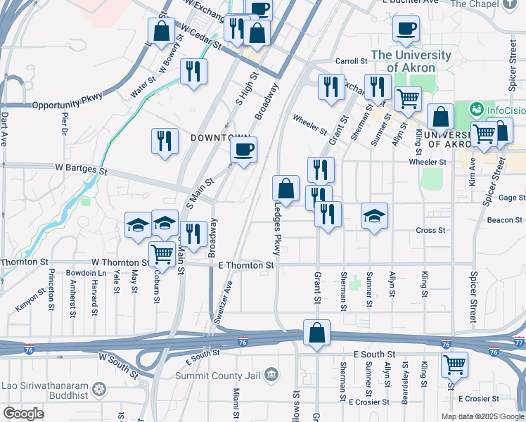 map of restaurants, bars, coffee shops, grocery stores, and more near 570 Wolf Ledges Parkway in Akron