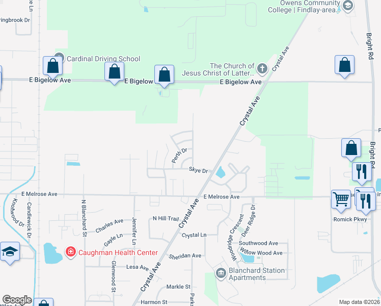 map of restaurants, bars, coffee shops, grocery stores, and more near 2400-2426 Aberdeen Drive in Findlay
