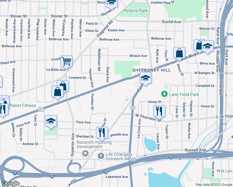 map of restaurants, bars, coffee shops, grocery stores, and more near 1221 Everton Drive in Akron