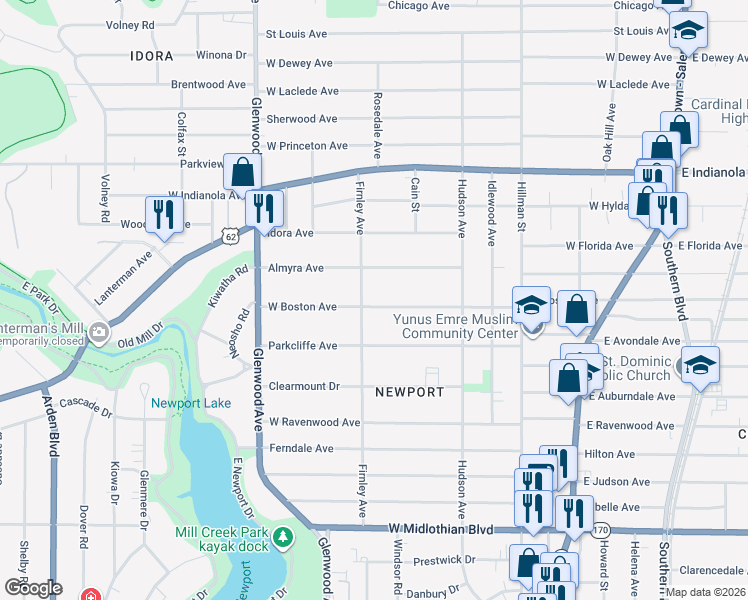 map of restaurants, bars, coffee shops, grocery stores, and more near 482 West Boston Avenue in Youngstown