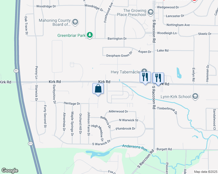 map of restaurants, bars, coffee shops, grocery stores, and more near 4593 Washington Square Drive in Austintown
