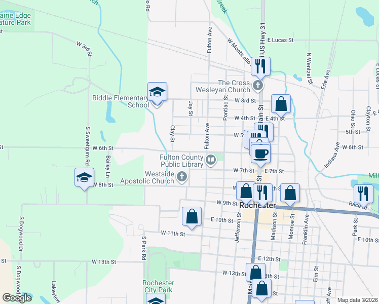 map of restaurants, bars, coffee shops, grocery stores, and more near 500 West 6th Street in Rochester
