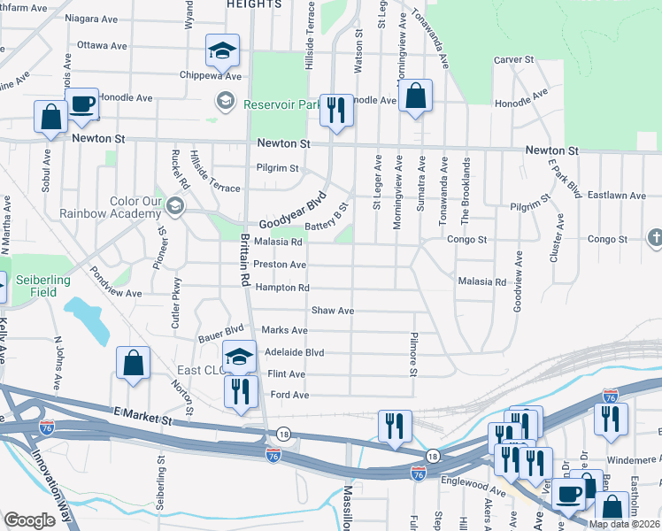map of restaurants, bars, coffee shops, grocery stores, and more near 1659 Preston Avenue in Akron