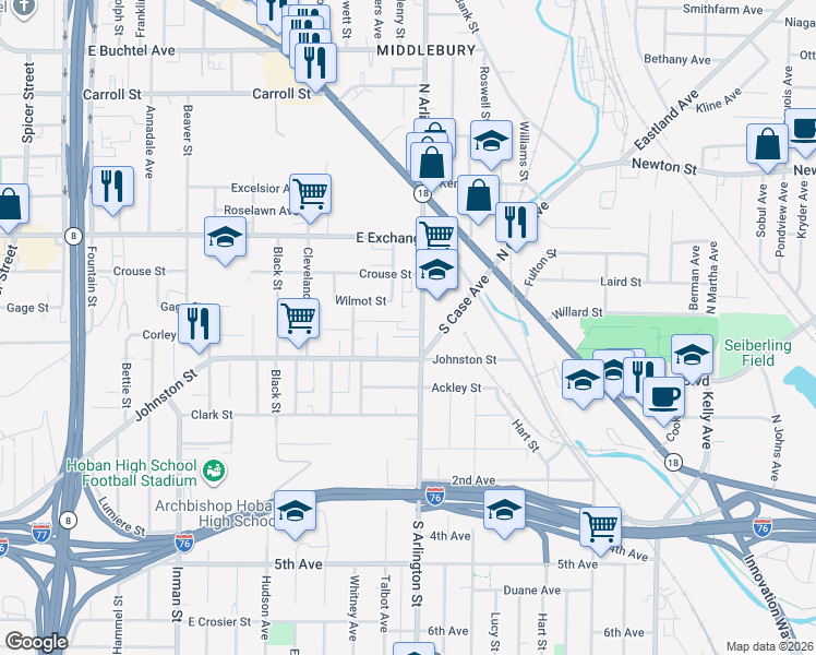 map of restaurants, bars, coffee shops, grocery stores, and more near in Akron