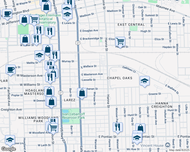 map of restaurants, bars, coffee shops, grocery stores, and more near 512 East Masterson Avenue in Fort Wayne