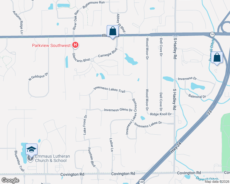 map of restaurants, bars, coffee shops, grocery stores, and more near 7815 Inverness Lakes Trail in Fort Wayne
