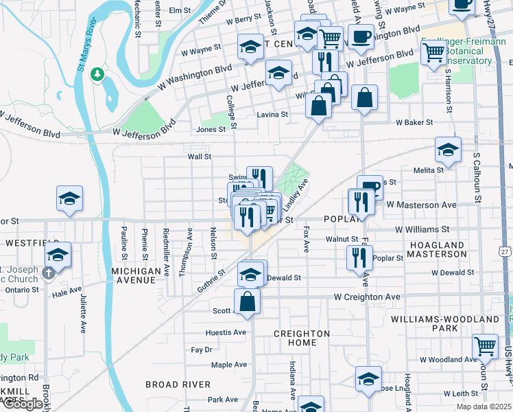 map of restaurants, bars, coffee shops, grocery stores, and more near 1904 Broadway in Fort Wayne