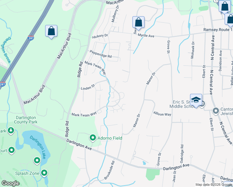 map of restaurants, bars, coffee shops, grocery stores, and more near 3411 Whittier Court in Mahwah