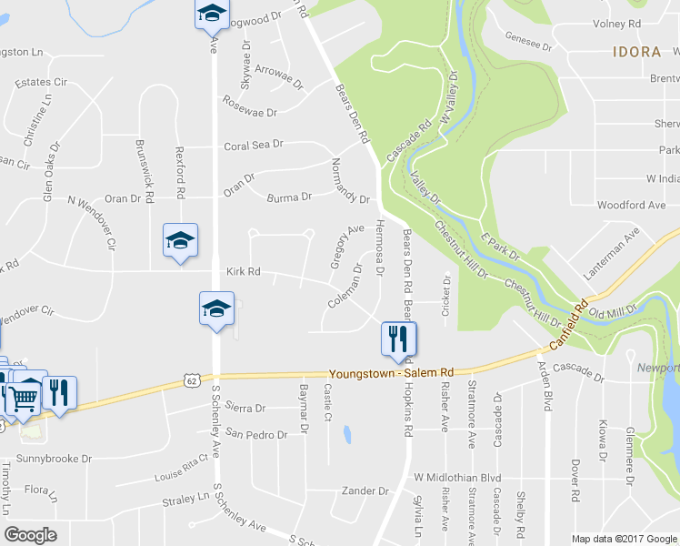 map of restaurants, bars, coffee shops, grocery stores, and more near 2189 Gregory Avenue in Youngstown