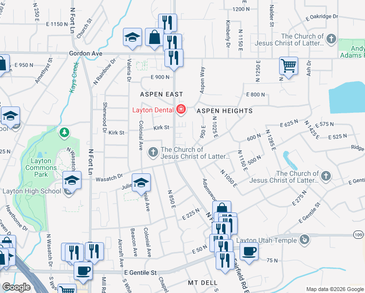 map of restaurants, bars, coffee shops, grocery stores, and more near 878 East 575 North in Layton