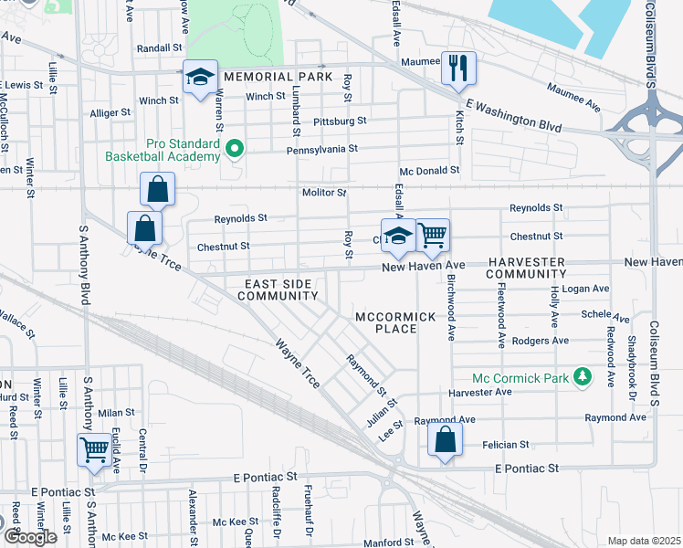 map of restaurants, bars, coffee shops, grocery stores, and more near 2802 New Haven Avenue in Fort Wayne