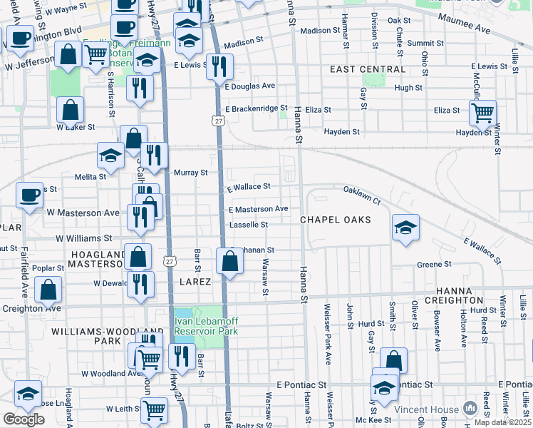 map of restaurants, bars, coffee shops, grocery stores, and more near 512 East Masterson Avenue in Fort Wayne