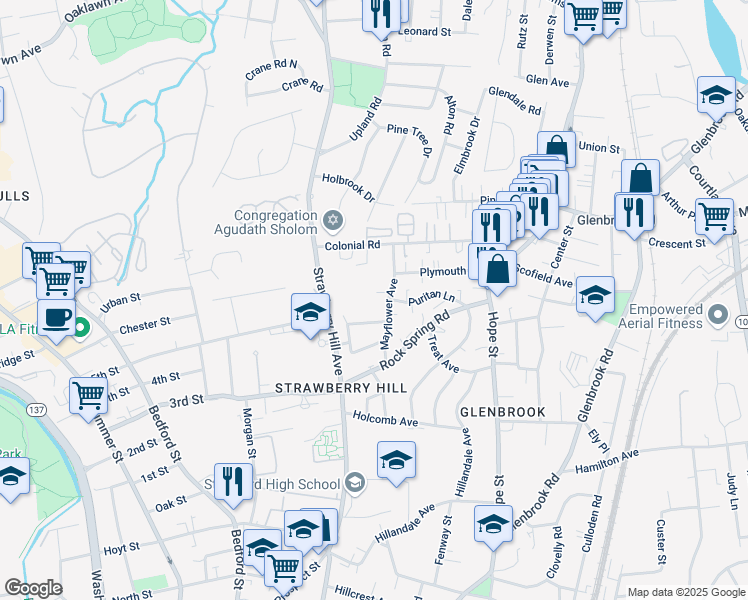 map of restaurants, bars, coffee shops, grocery stores, and more near 60 Mayflower Avenue in Stamford