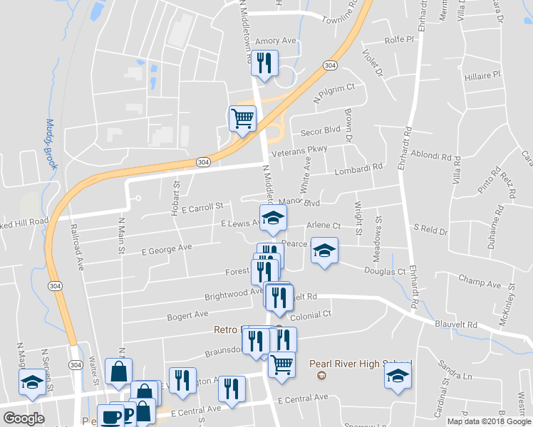 map of restaurants, bars, coffee shops, grocery stores, and more near 247 North Middletown Road in Pearl River