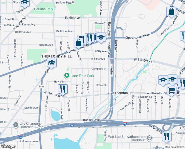 map of restaurants, bars, coffee shops, grocery stores, and more near 940 Raymond Street in Akron