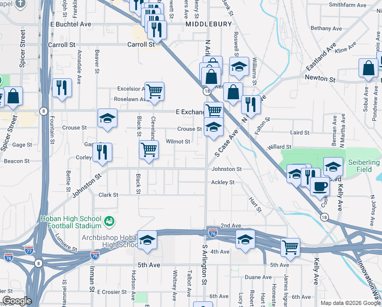 map of restaurants, bars, coffee shops, grocery stores, and more near 1054 Fairbanks Place in Akron