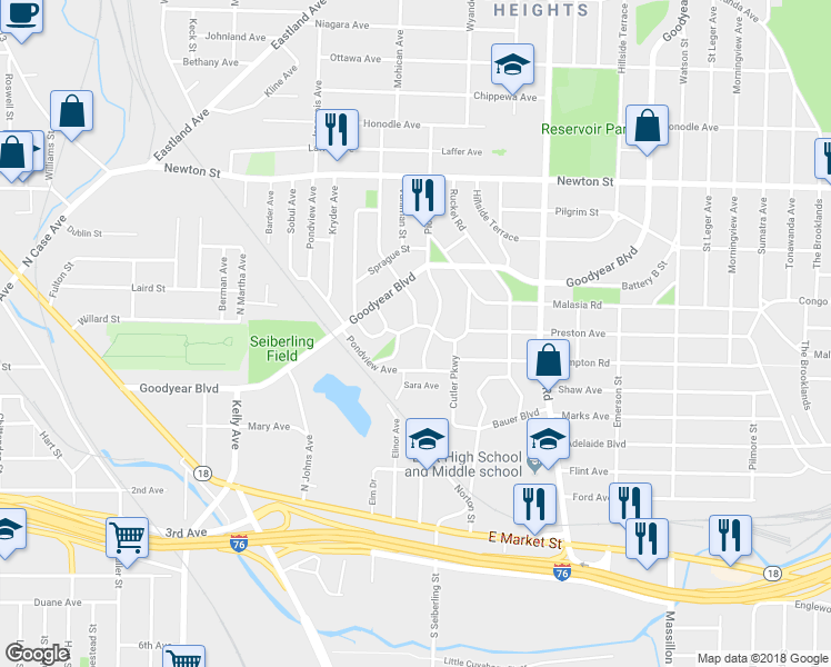 map of restaurants, bars, coffee shops, grocery stores, and more near 225 Shawnee Path in Akron