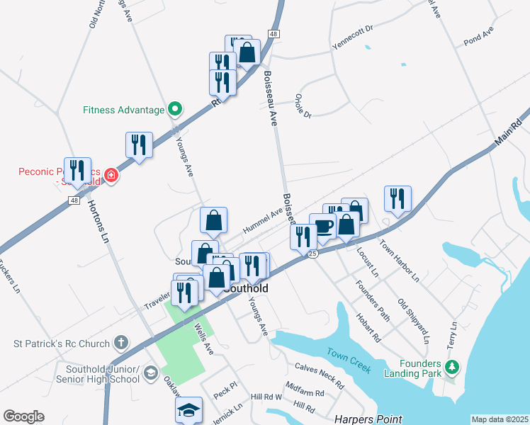 map of restaurants, bars, coffee shops, grocery stores, and more near 955 Hummel Avenue in Southold