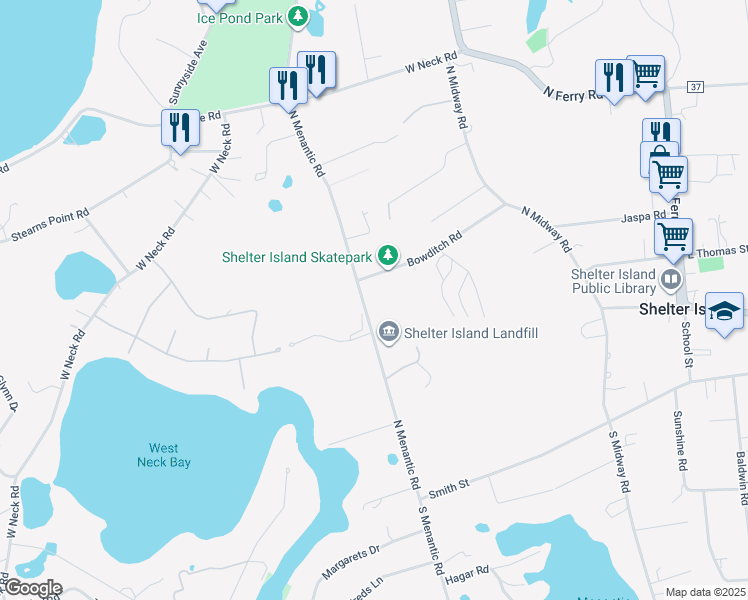 map of restaurants, bars, coffee shops, grocery stores, and more near 44 North Menantic Road in Shelter Island