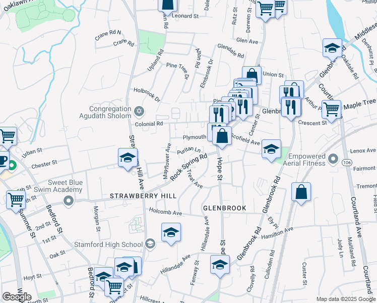 map of restaurants, bars, coffee shops, grocery stores, and more near 38 Puritan Lane in Stamford