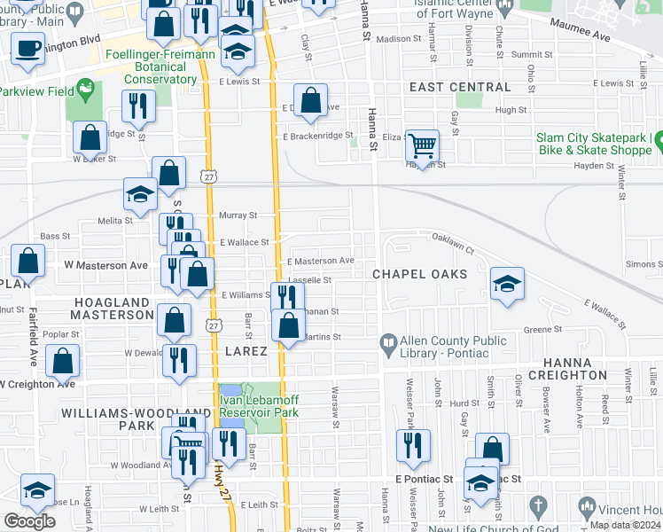 map of restaurants, bars, coffee shops, grocery stores, and more near 514 East Masterson Avenue in Fort Wayne