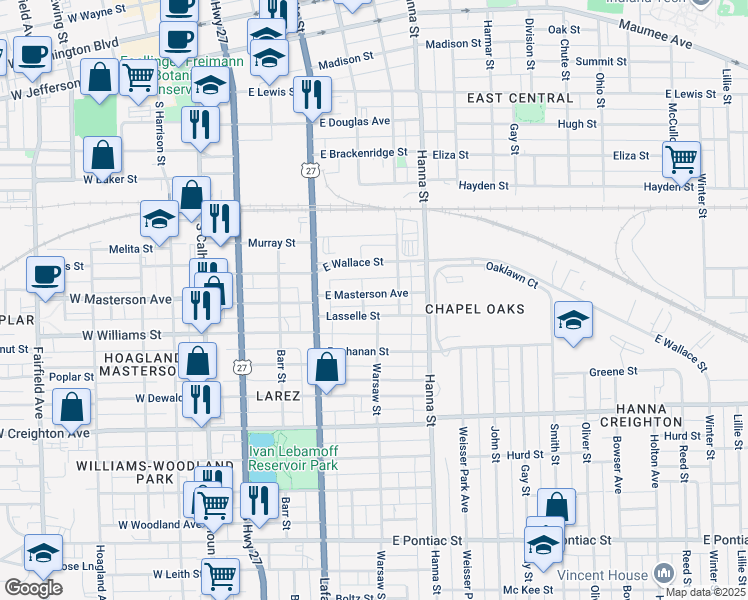 map of restaurants, bars, coffee shops, grocery stores, and more near 512 East Masterson Avenue in Fort Wayne
