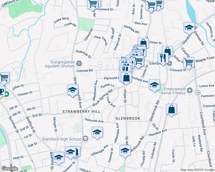 map of restaurants, bars, coffee shops, grocery stores, and more near 40 Puritan Lane in Stamford