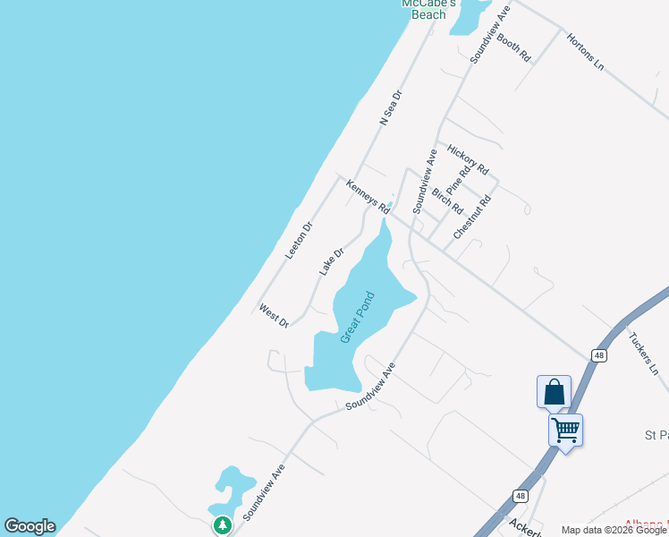 map of restaurants, bars, coffee shops, grocery stores, and more near 1205 Lake Drive in Southold