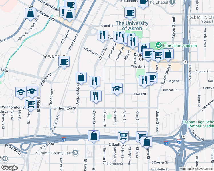map of restaurants, bars, coffee shops, grocery stores, and more near 222 Power Street in Akron