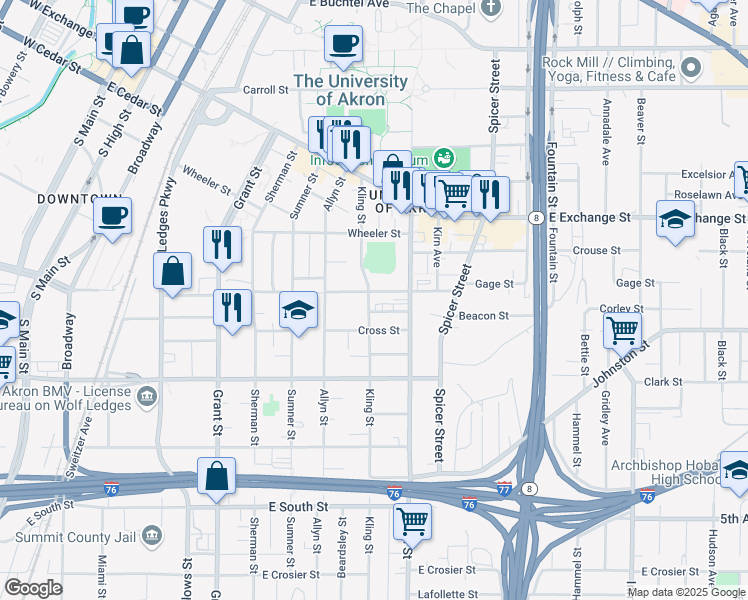 map of restaurants, bars, coffee shops, grocery stores, and more near 509 Kling Street in Akron