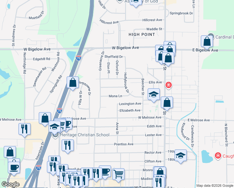 map of restaurants, bars, coffee shops, grocery stores, and more near 400 Mona Lane in Findlay