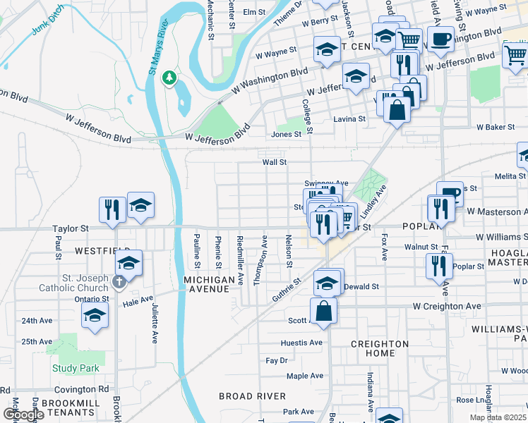map of restaurants, bars, coffee shops, grocery stores, and more near 1401 Stophlet Street in Fort Wayne