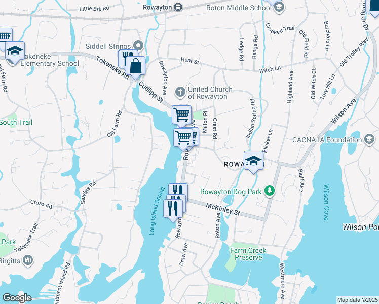 map of restaurants, bars, coffee shops, grocery stores, and more near 160 Rowayton Avenue in Norwalk